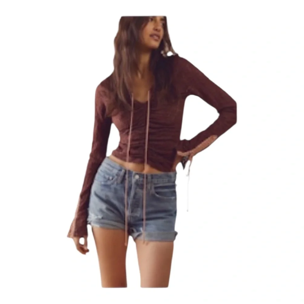 Free People Lilah brown lace long-sleeve top XS